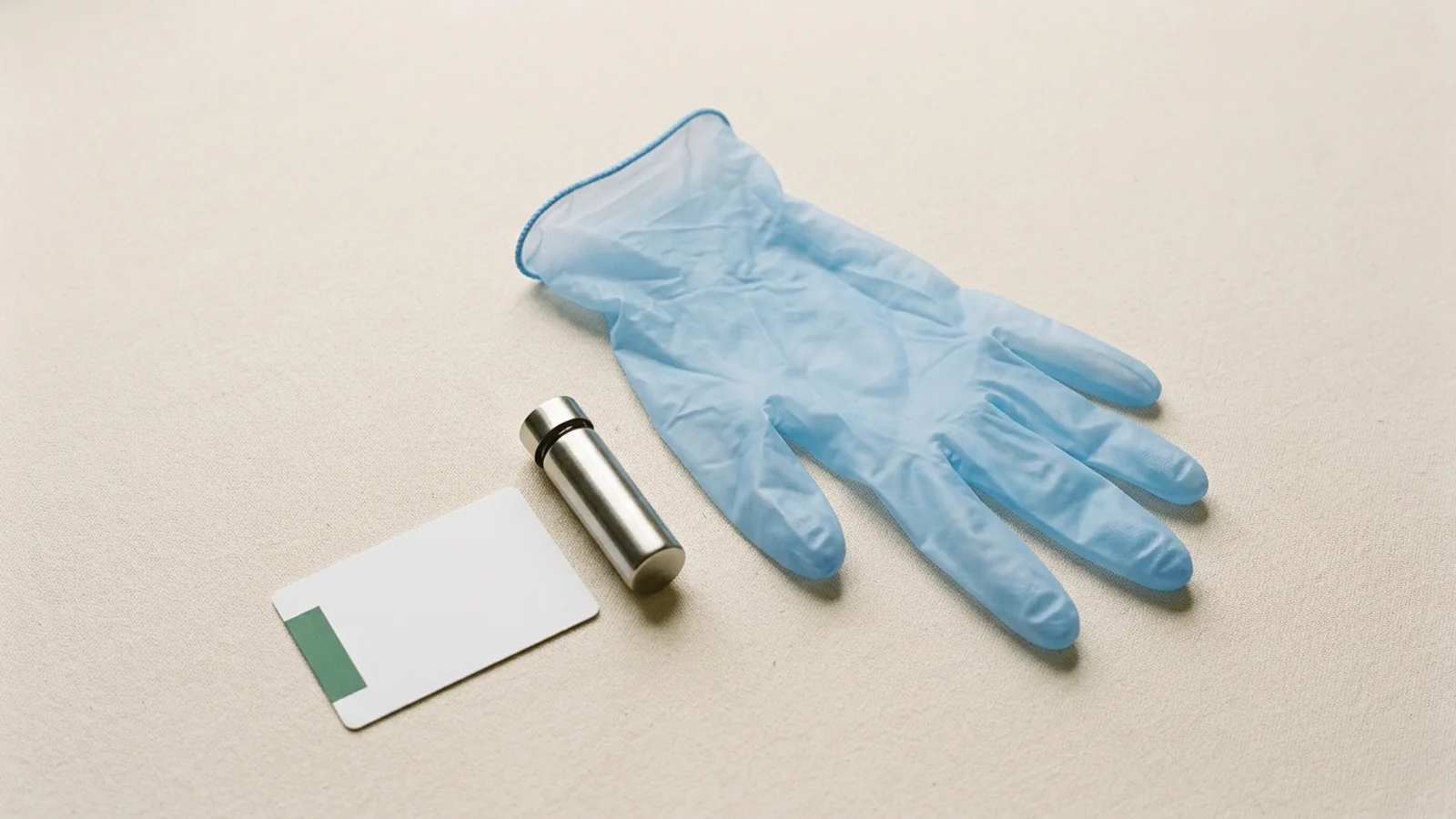 Unworn powder-free nitrile examination glove laid beside a stainless steel laboratory testing vial and blank specification card on a neutral surface