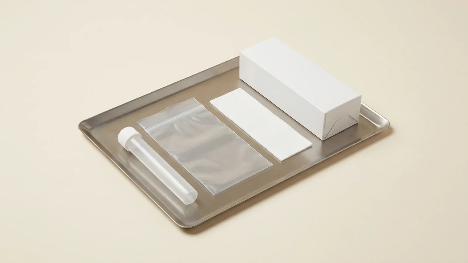 Unlabeled specimen-transport packaging system components arranged on a stainless-steel tray: a translucent primary screw-cap tube, a transparent secondary pouch, an absorbent cellulose pad, and a rigid white carton.