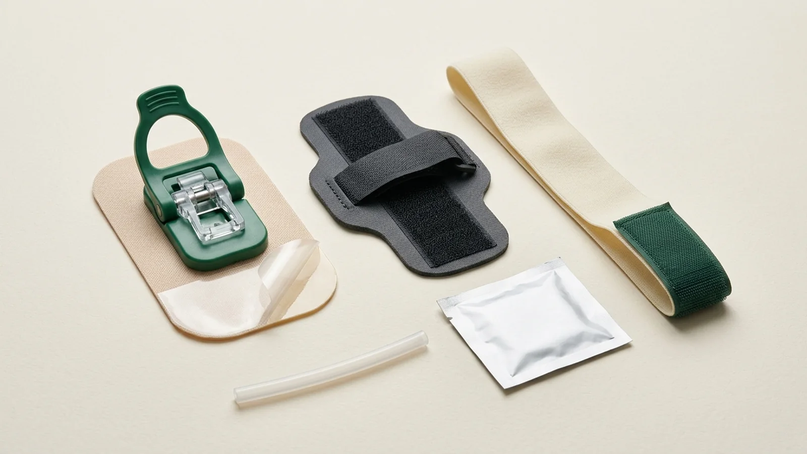 Catalog still life comparison of an adhesive anchor pad with swivel clamp, hook-and-loop securement platform, and leg strap catheter holder