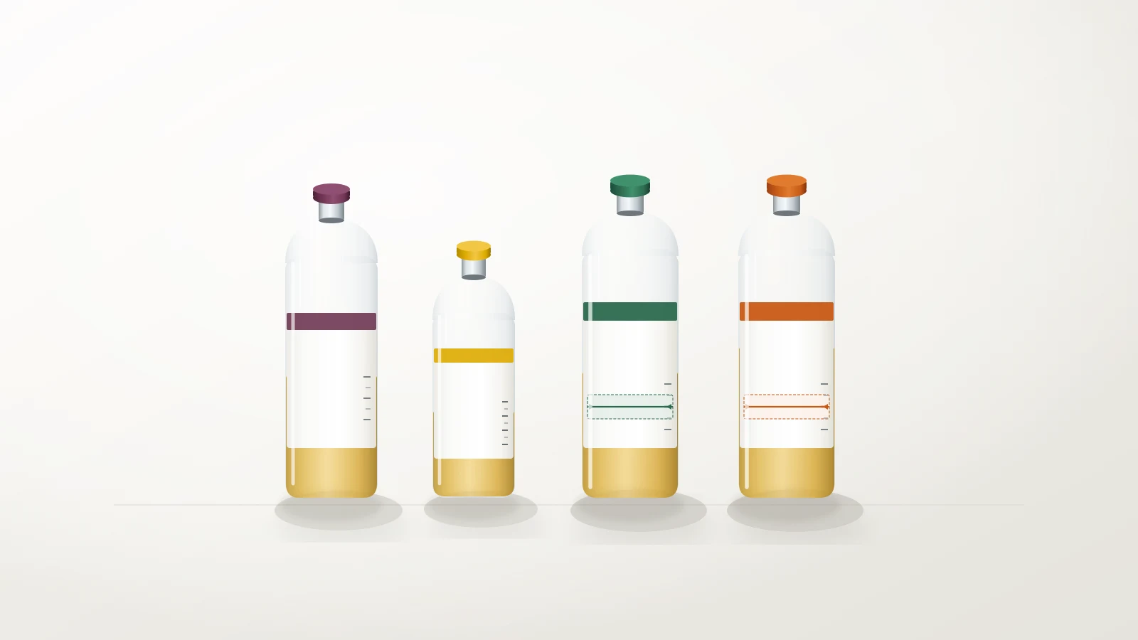 Four text-free blood culture bottle formats on a pale off-white surface: a tall specialty bottle, a smaller pediatric bottle with graduation ticks, and two adult bottles with green and orange caps and a marked fill band.