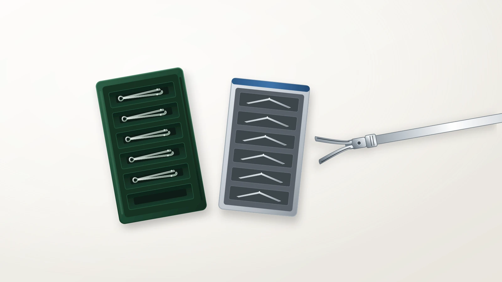 Illustrated top-down still life on an off-white surface: a green cartridge of translucent hinged polymer ligating clips, a gray cartridge of chevron-shaped metal clips, and the open stainless jaws of a reusable clip applier pointed toward the metal-clip cartridge.