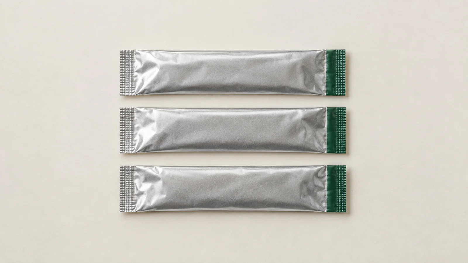Three sealed silver foil packets with green edges arranged on a warm off-white background