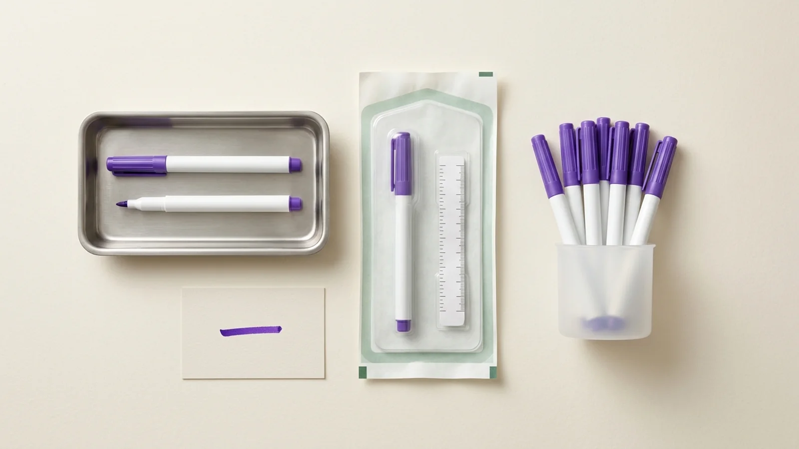 Top-down still life on an off-white surface: a steel tray holding a capped marker and an uncapped fine-tip marker, a single marker sealed in a peel pouch beside a paper ruler, a translucent cup of purple-capped markers, and one purple ink stroke on a card