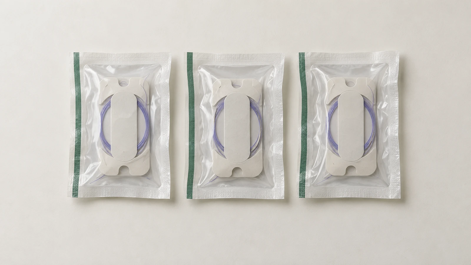 Three sealed suture pouches with violet strands on white winding cards, arranged on a warm off-white surface.