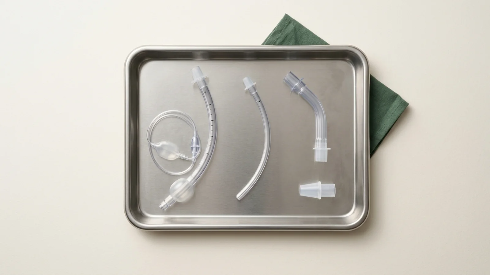 Three unlabeled translucent tracheal tubes showing cuffed, cuffless, and preformed designs alongside a 15 mm connector on a stainless steel tray