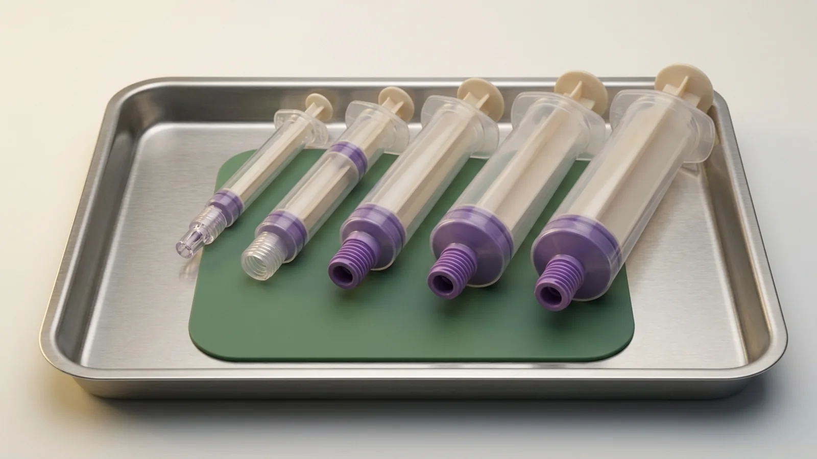 Unlabeled translucent polymer enteral syringes with threaded female connector tips arranged on a stainless steel tray for specification comparison