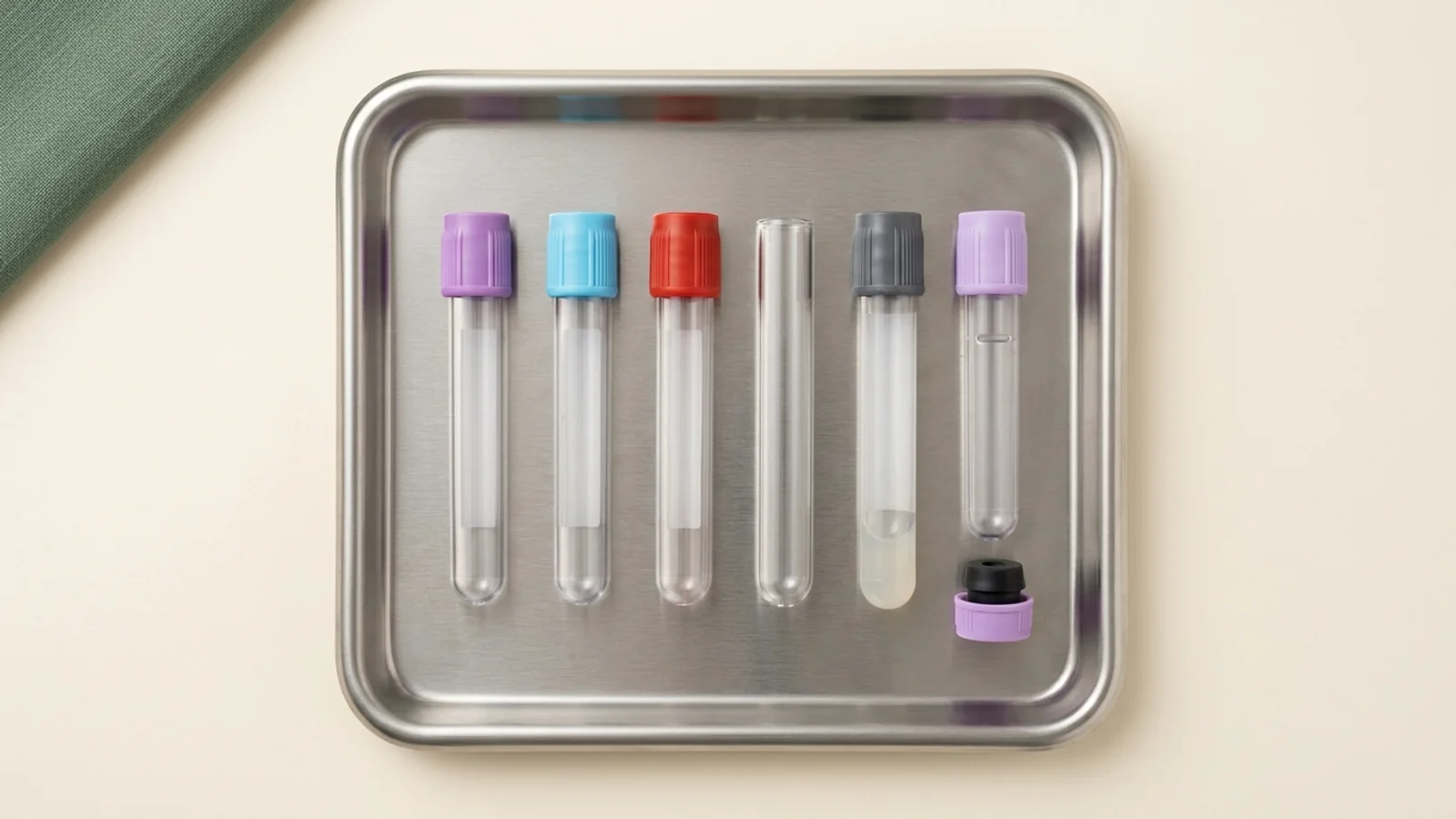 Unlabeled polymer evacuated blood collection tubes of uniform diameter arranged on a stainless steel tray with blank label panels, distinct closures, a visible physical fill line, a separator gel layer, and a disassembled closure