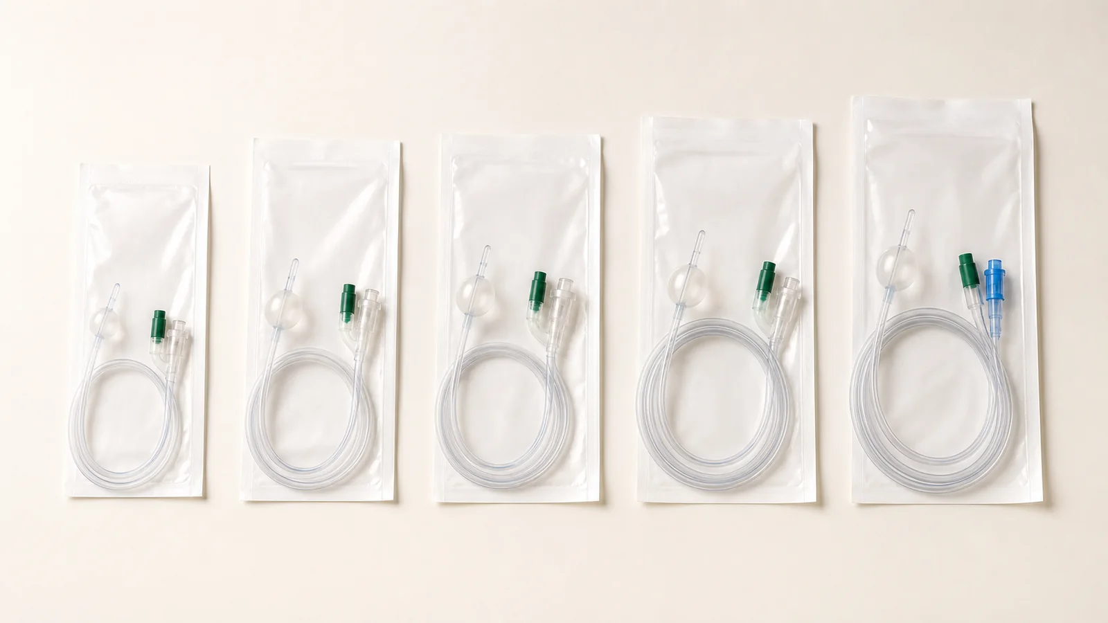 Five generic sterile Foley catheter sets arranged by size on a warm off-white background