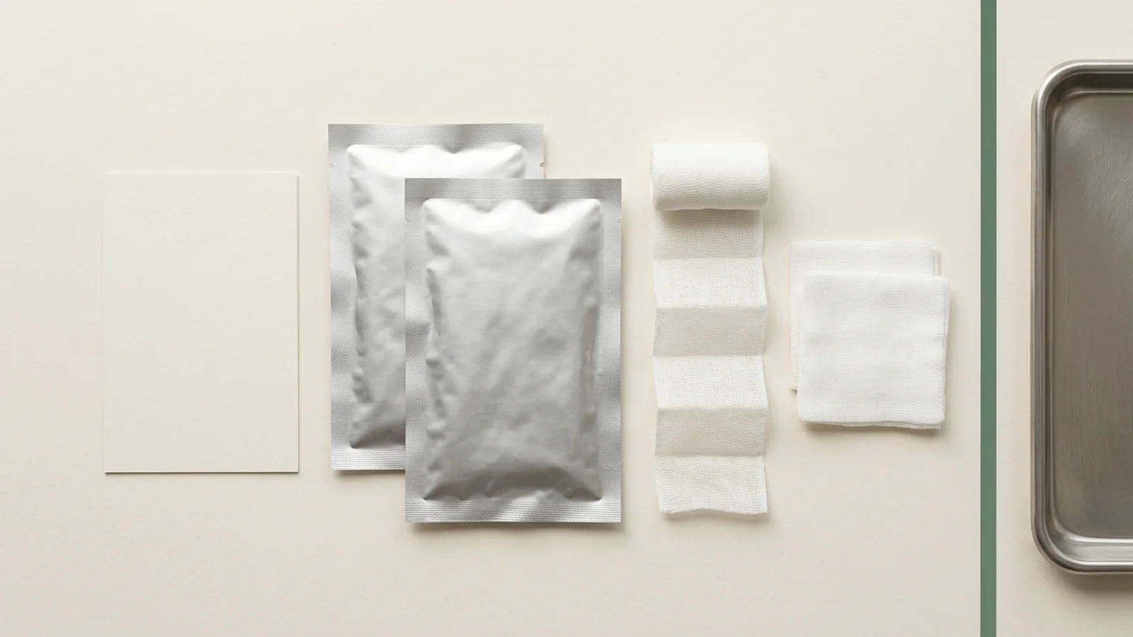 Top-down catalog comparison of sealed sterile hemostatic gauze foil pouches, an unrolled z-fold strip, and square pads beside a blank specification card.