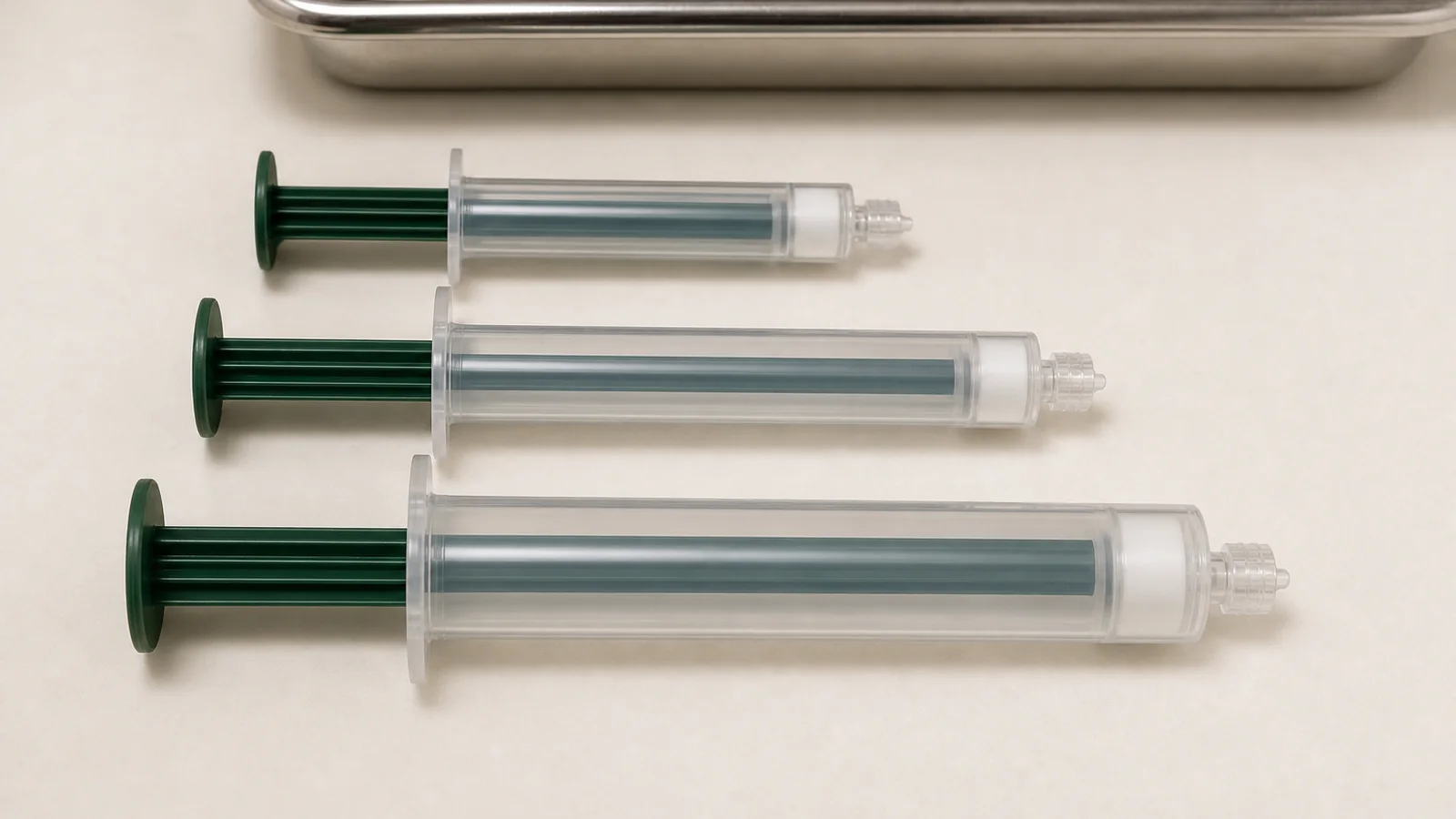 Text-free catalog still life of empty unmarked Luer-lock hypodermic syringe barrels with seated plungers on warm off-white