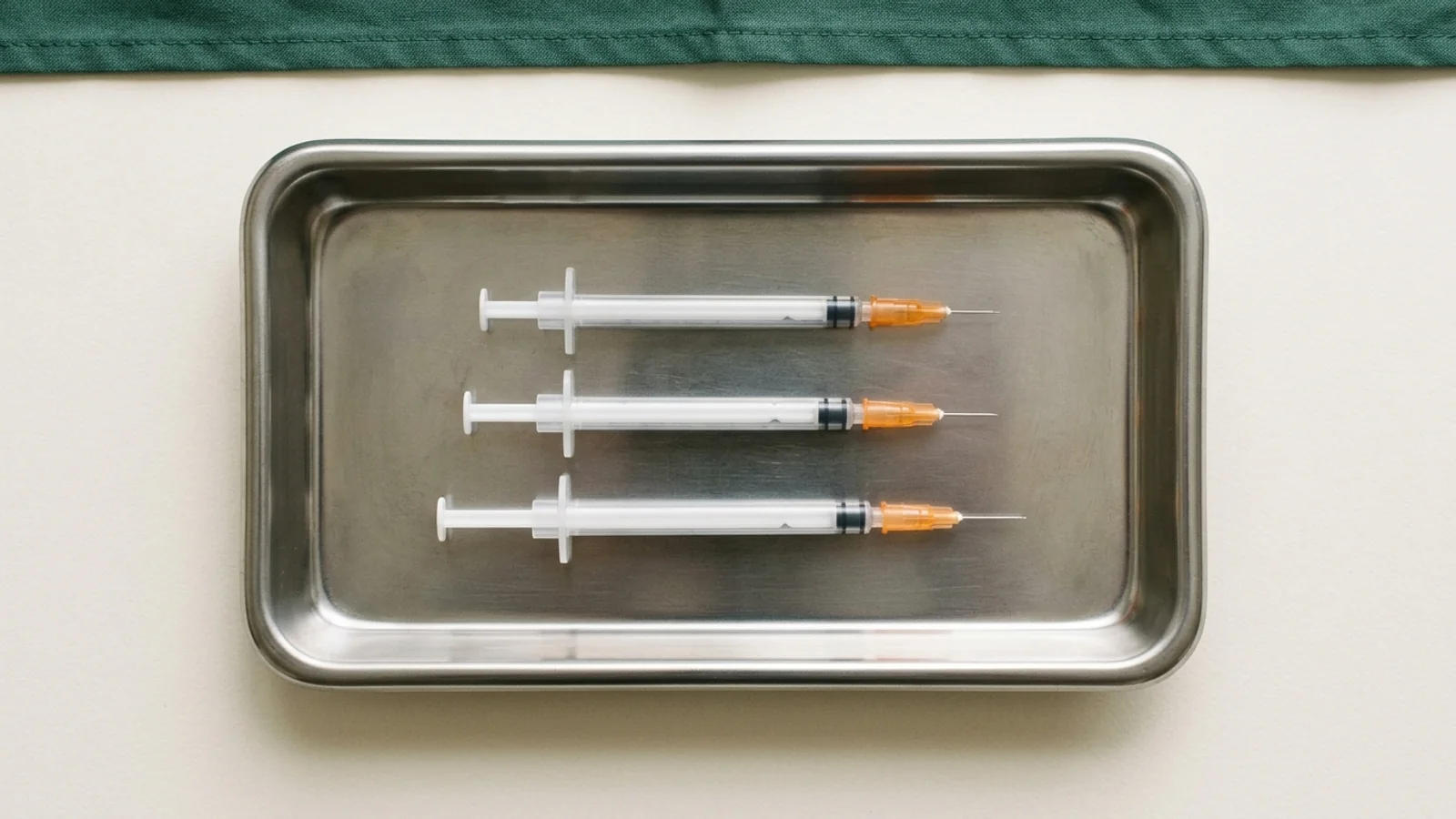 Three unlabeled single-use syringes with orange needle hubs on a stainless-steel tray, photographed top-down for specification comparison.