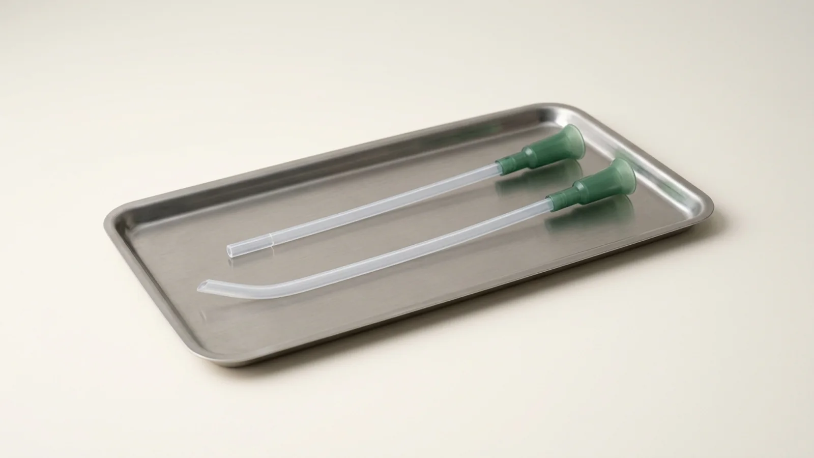 Two unlabeled sterile single-use intermittent urethral catheters of different shaft lengths with straight and coudé tips on a stainless-steel tray