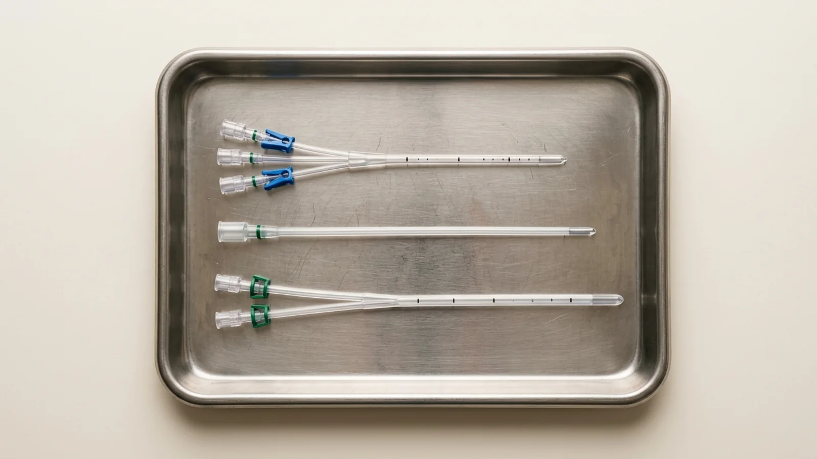 Catalog-editorial comparison of single-use intravascular catheters with triple, single, and dual extension lumens on a stainless-steel tray