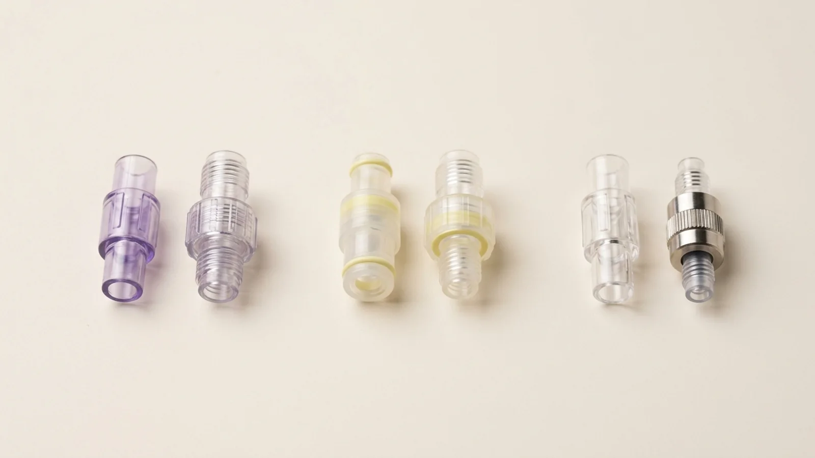 Three unmated pairs of small-bore medical connectors arranged in a row for specification comparison against a warm off-white background