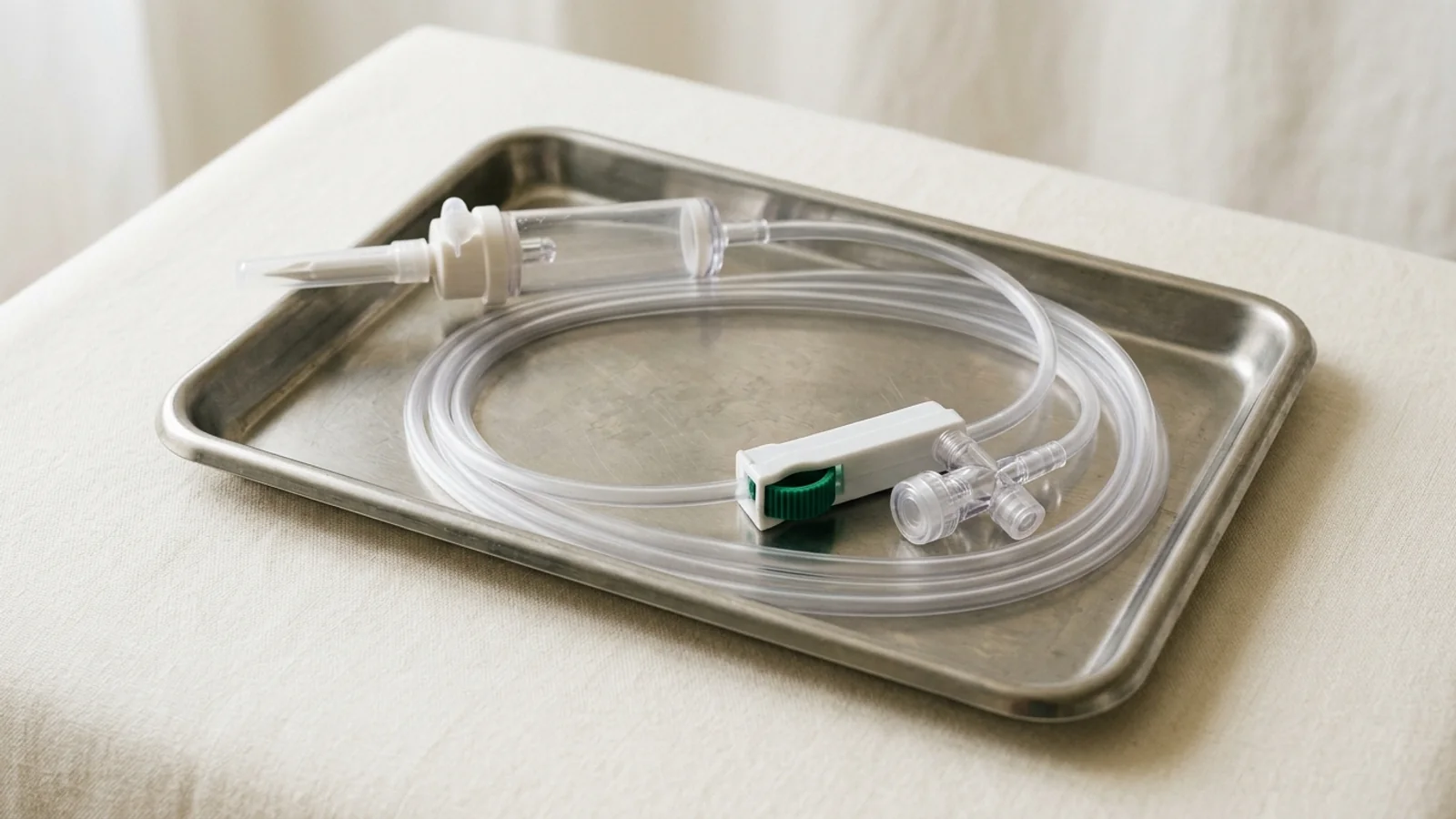 Text-free catalog still life of an IV administration set with spike, drip chamber, tubing, roller clamp, and needle-free port on warm off-white