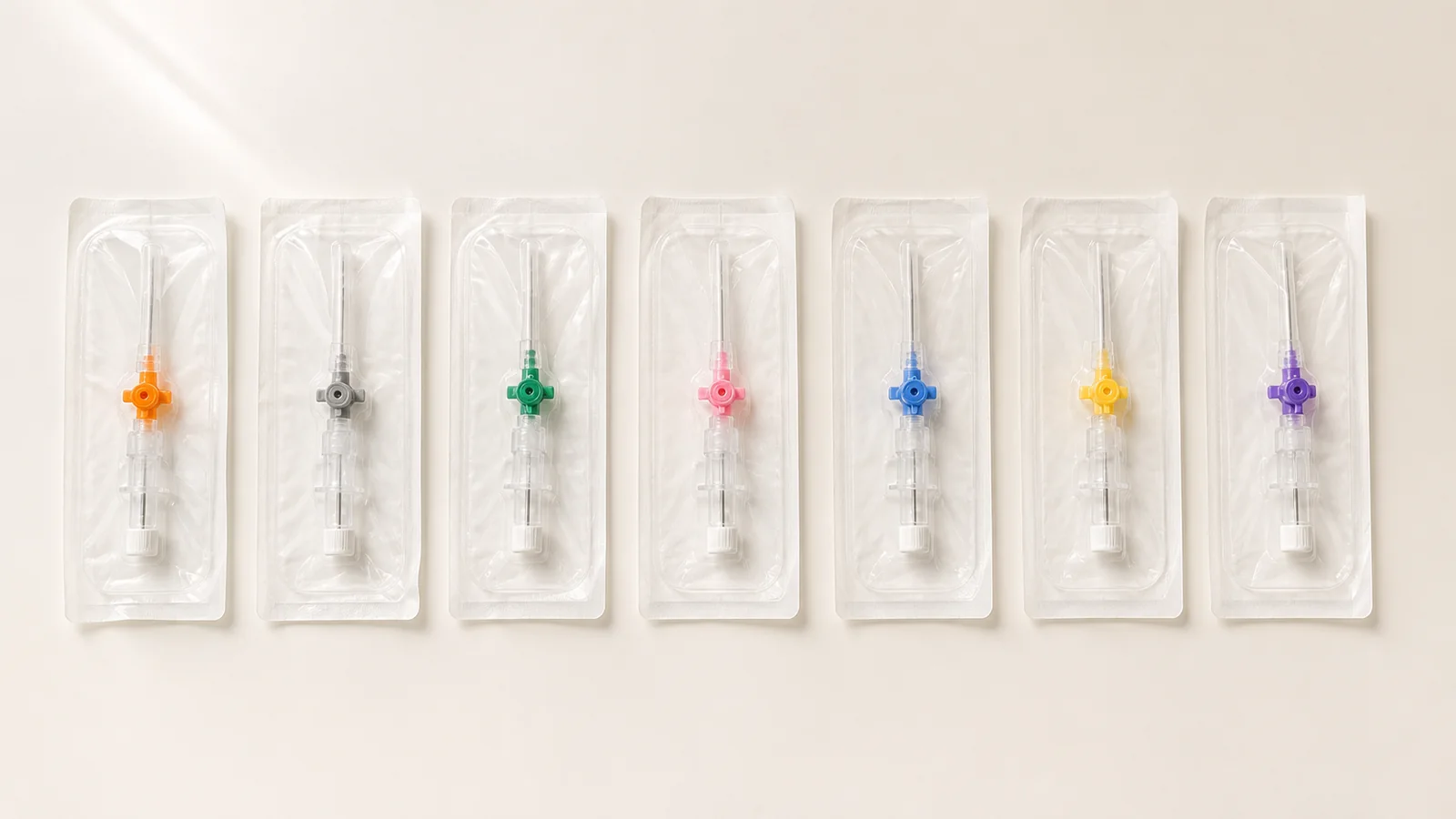 Seven generic safety IV cannulas in blank sterile pouches with color-coded hubs