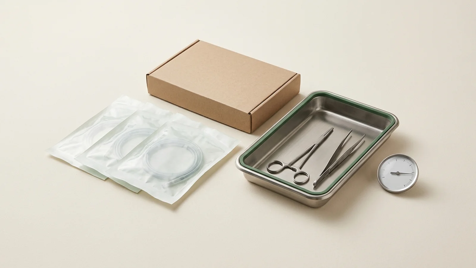 Medical consumable packaging and climate indicator on an off-white surface