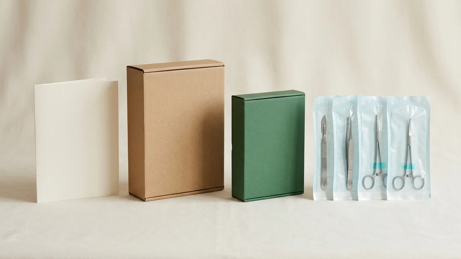 A quiet catalog-editorial still life of one sterile consumable family arranged across case, inner carton, and pouch packaging levels beside an unprinted reconciliation folder