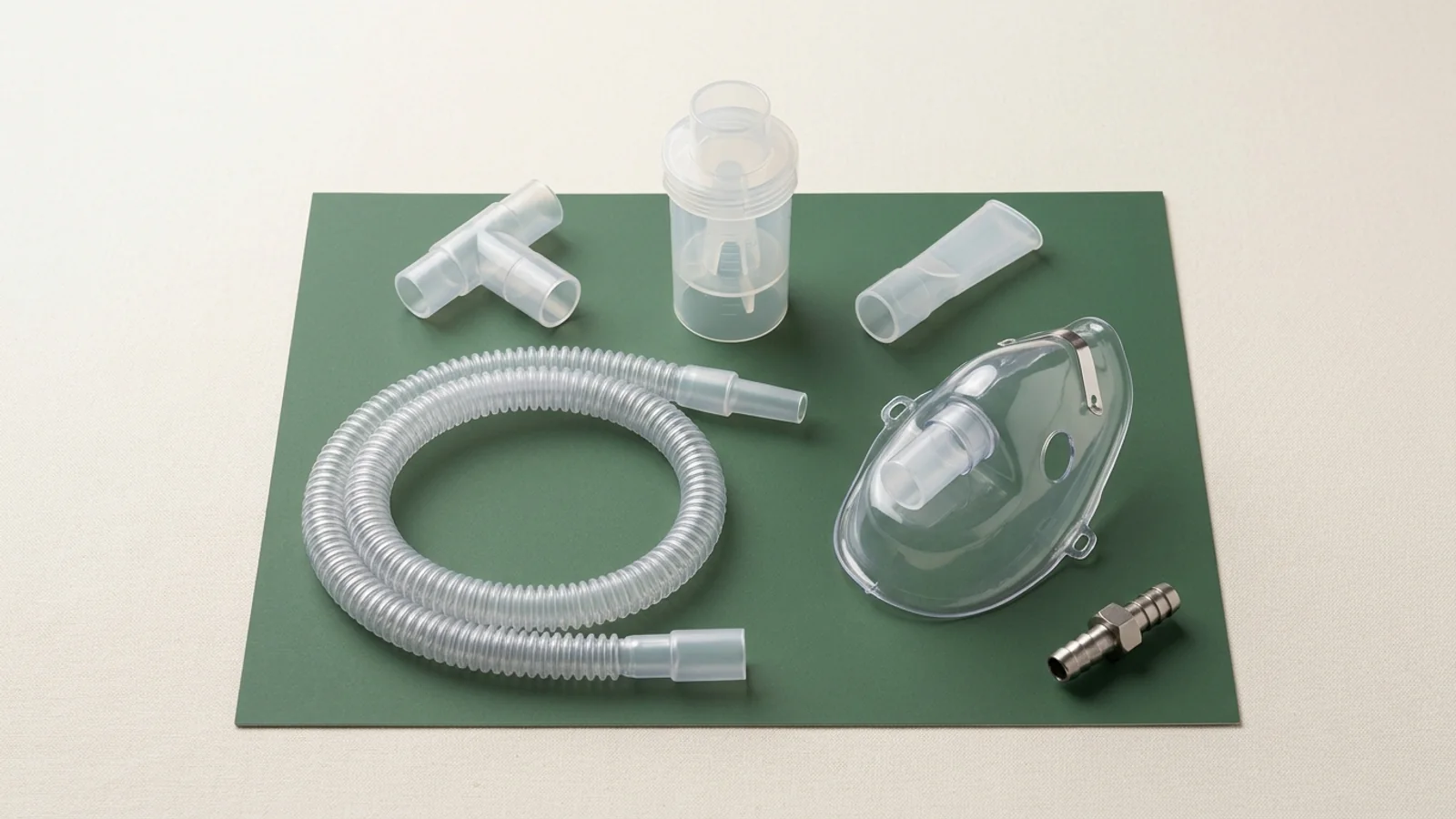 Disassembled disposable jet nebulizer kit components including medication cup with baffle, T-piece, mouthpiece, aerosol mask, corrugated tubing, and fitting arranged for specification comparison