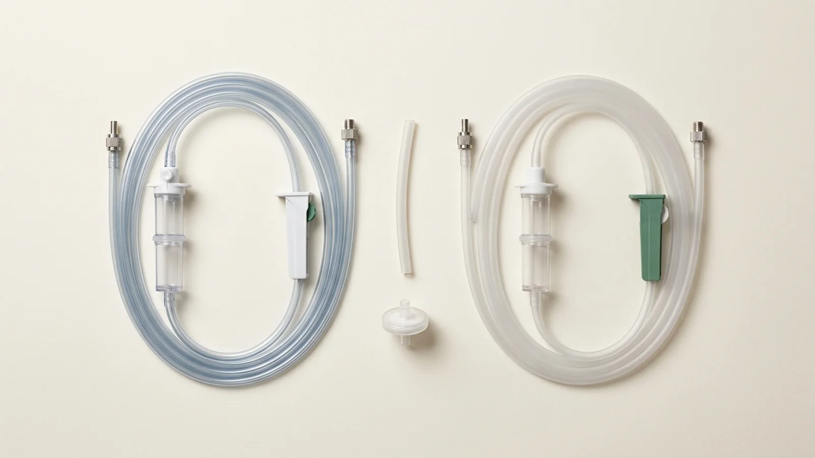 Top-down still life of two coiled IV tubing sets, one blue-tinted and one frosted, each with a drip chamber and roller clamp, with a loose pump segment and disc filter between them