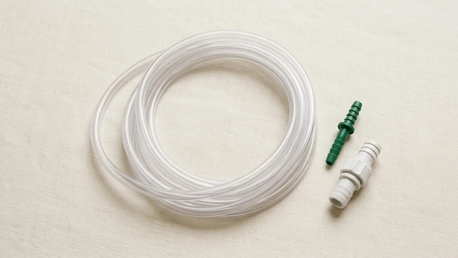 Coiled clear medical oxygen supply tubing alongside a green barbed connector and a white plastic swivel connector on an off-white background