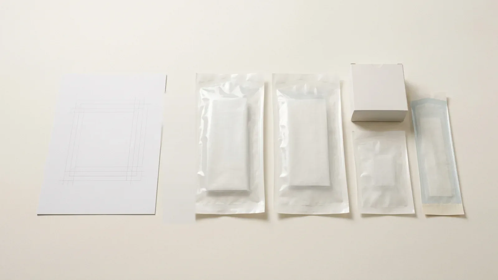 A top-down catalog-editorial arrangement of unlabeled sterile consumable packaging, translucent polymer pouches, a neutral carton, and a blank specification document on an off-white surface.