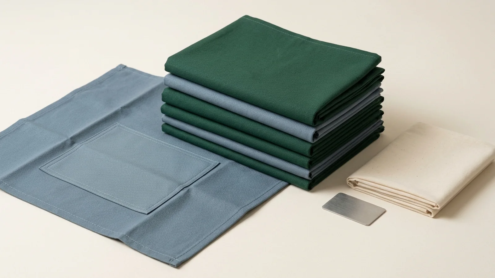 Folded forest-green and slate-blue reusable surgical drape sheets beside an opened sheet with a reinforced panel, a blank stainless tag, and a folded off-white wrapper