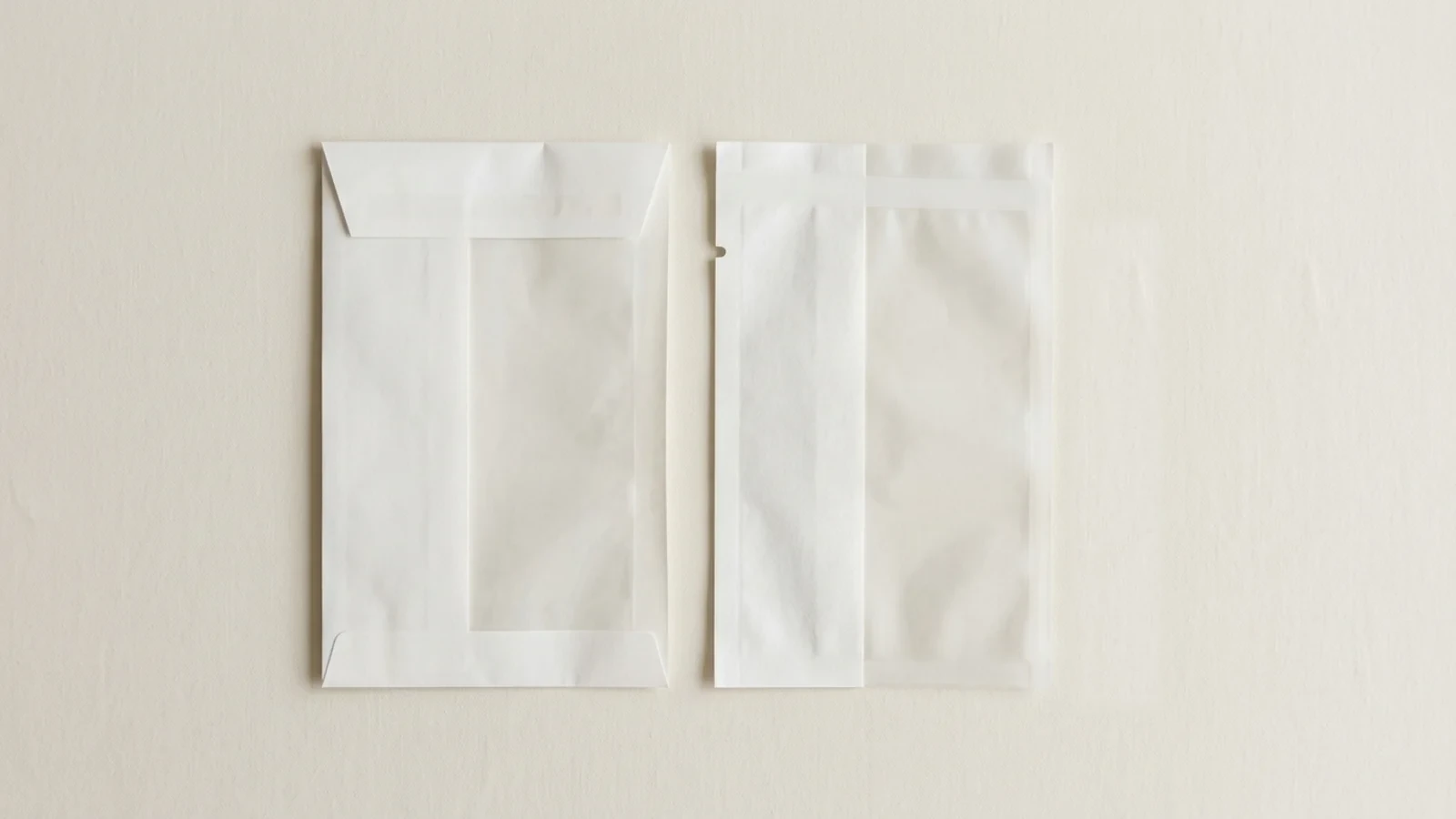 Top-down still life of a self-seal sterilization pouch with a folded closure flap beside a heat-seal pouch with a continuous seal band, on a warm off-white surface