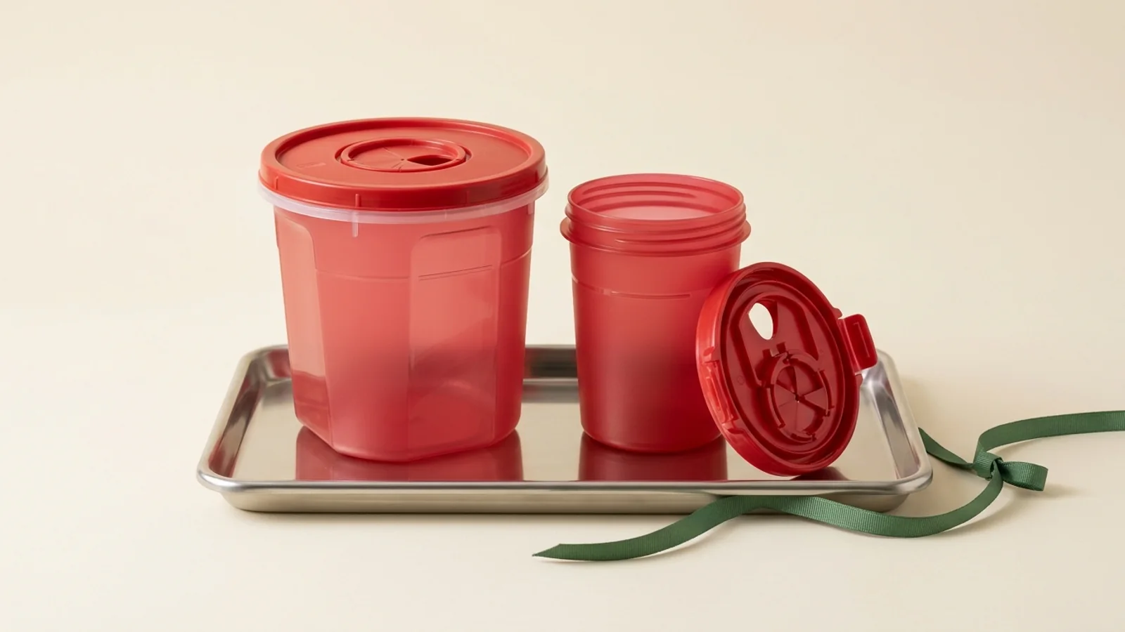 Unlabeled rigid polymer medical sharps disposal containers of two heights on a stainless-steel tray with rotary aperture lid and detached lid
