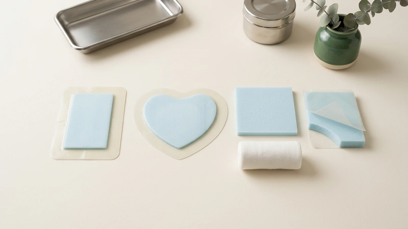Bordered and non-bordered silicone foam wound dressings arranged with a layered cross-section sample for specification review