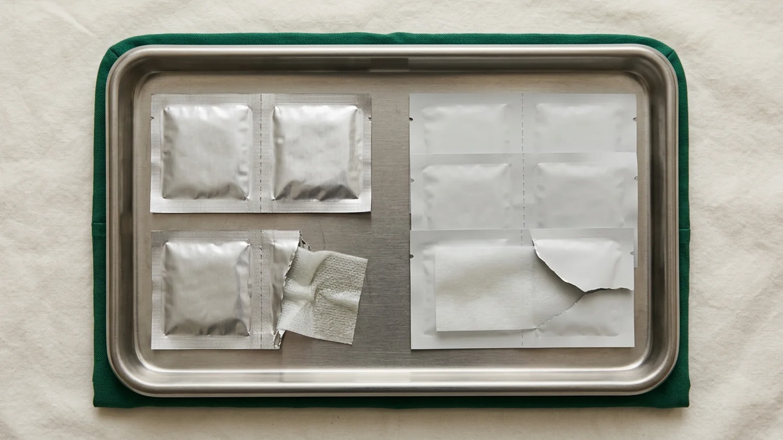 Top-down catalog comparison of single-use foil-laminated antiseptic swab packets alongside polymer barrier wipe sachets on a stainless steel tray with subtle forest green border