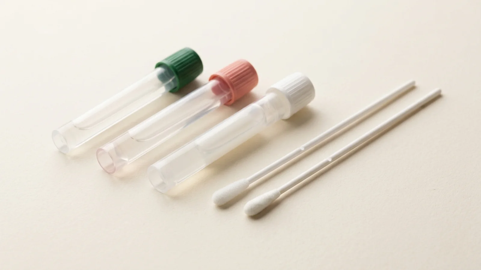 Three capped specimen transport tubes with green, pink and white screw caps beside two plastic-shaft swabs with scored breakpoints on an off-white surface
