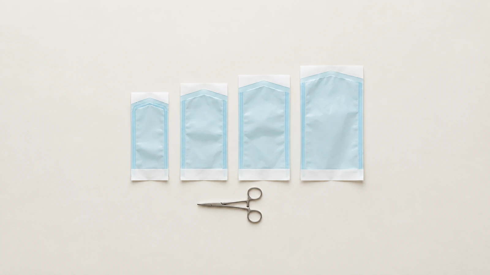 Four empty paper-and-film sterilization pouches of increasing size in a compact row on an off-white surface, with a small stainless-steel hemostat below.