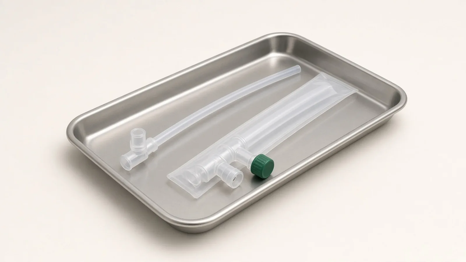 Unlabeled open flexible suction catheter beside a closed suction catheter in a translucent protective sleeve with a circuit adapter on a stainless steel tray