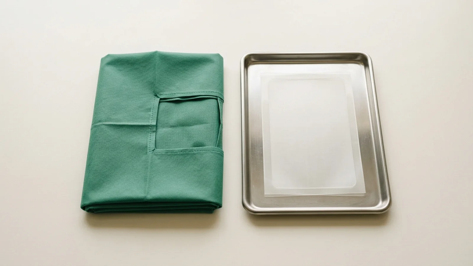 Folded green fenestrated surgical drape sheet beside an unlabeled film sheet on a stainless-steel tray