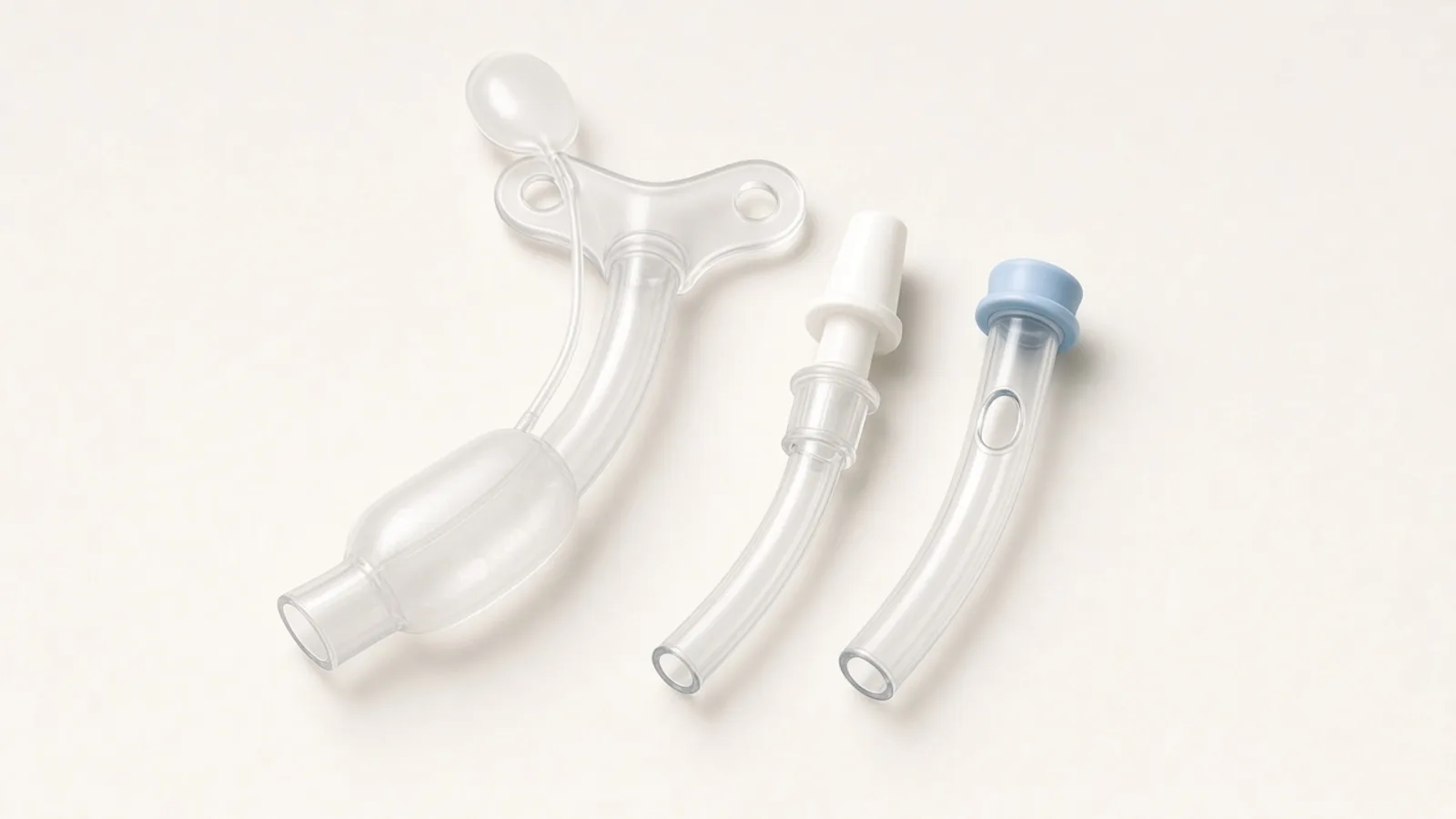 Cuffed tracheostomy outer cannula with a clear flange and pilot balloon, beside two open inner cannulas, one with a white connector and one with a pale blue ring and a single oval fenestration, on a warm off-white background