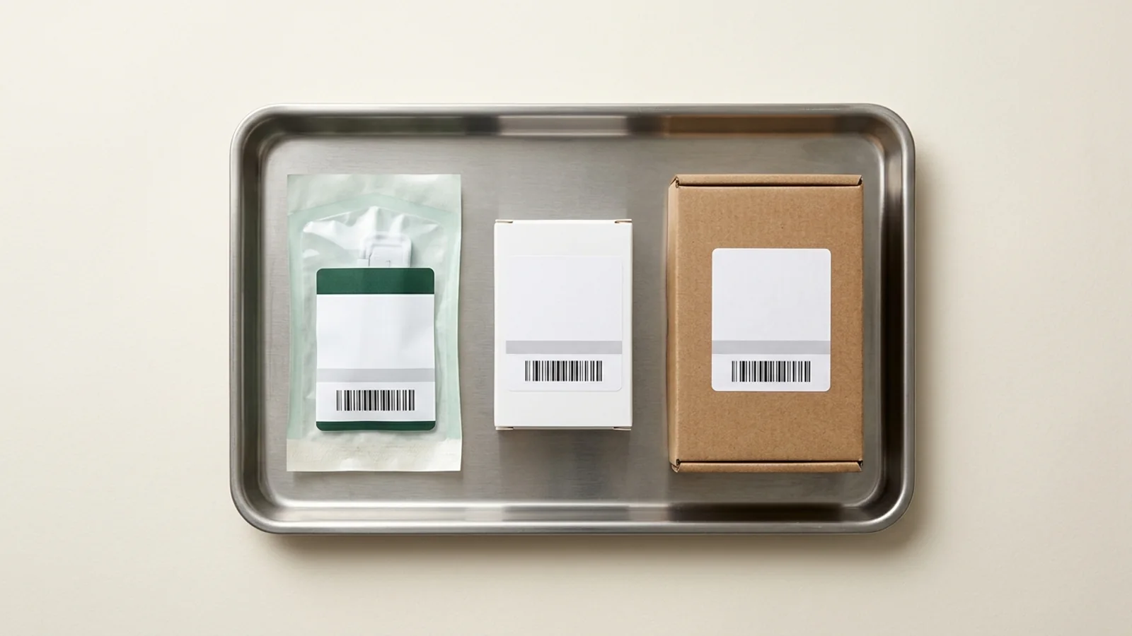 Three packaging levels of an unlabeled medical consumable family arranged on a stainless steel tray for packaging-level UDI comparison