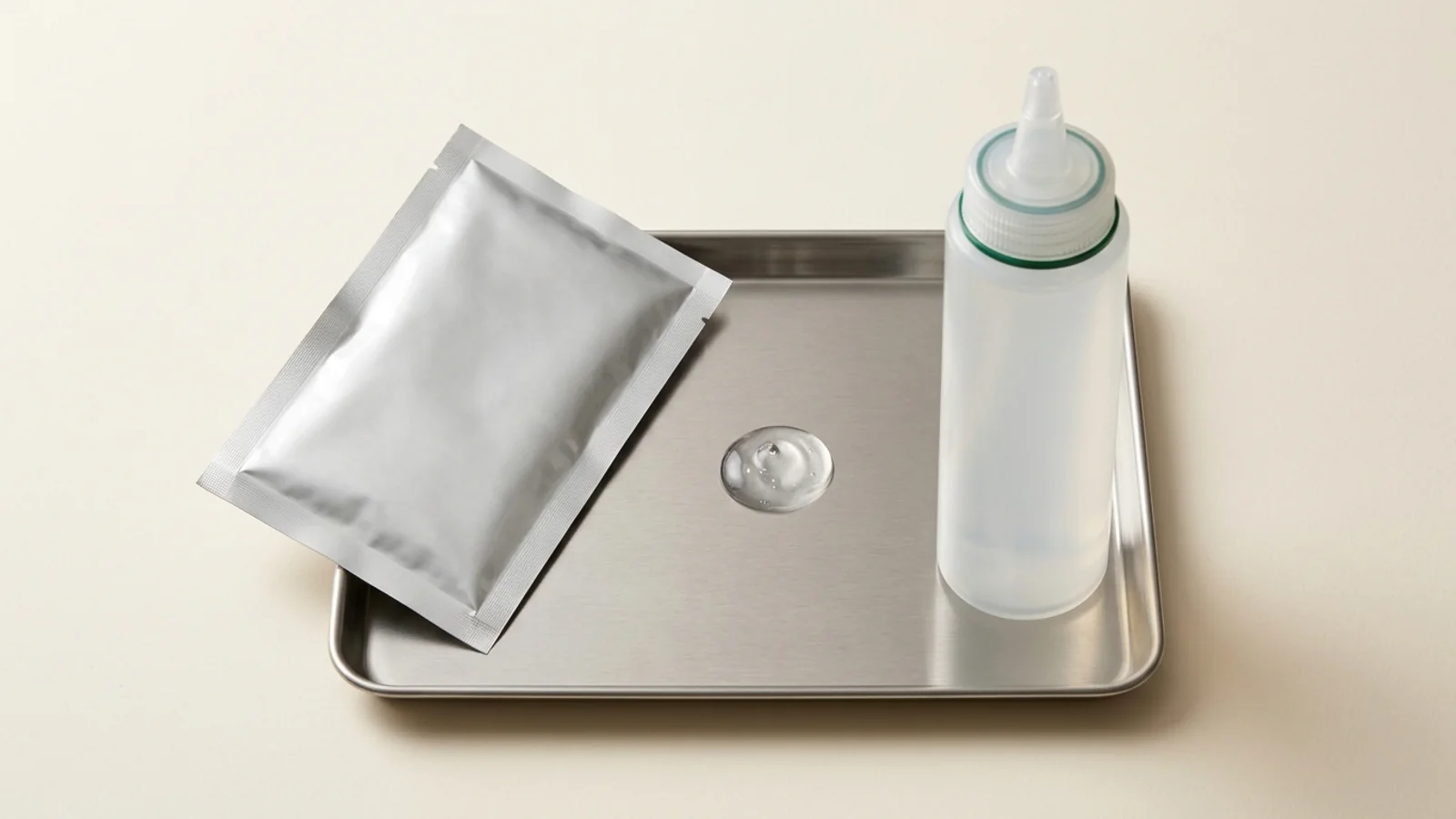 Catalog still life of an unbranded sealed foil pouch, a capped translucent squeeze bottle, and a clear gel sample on a stainless steel tray