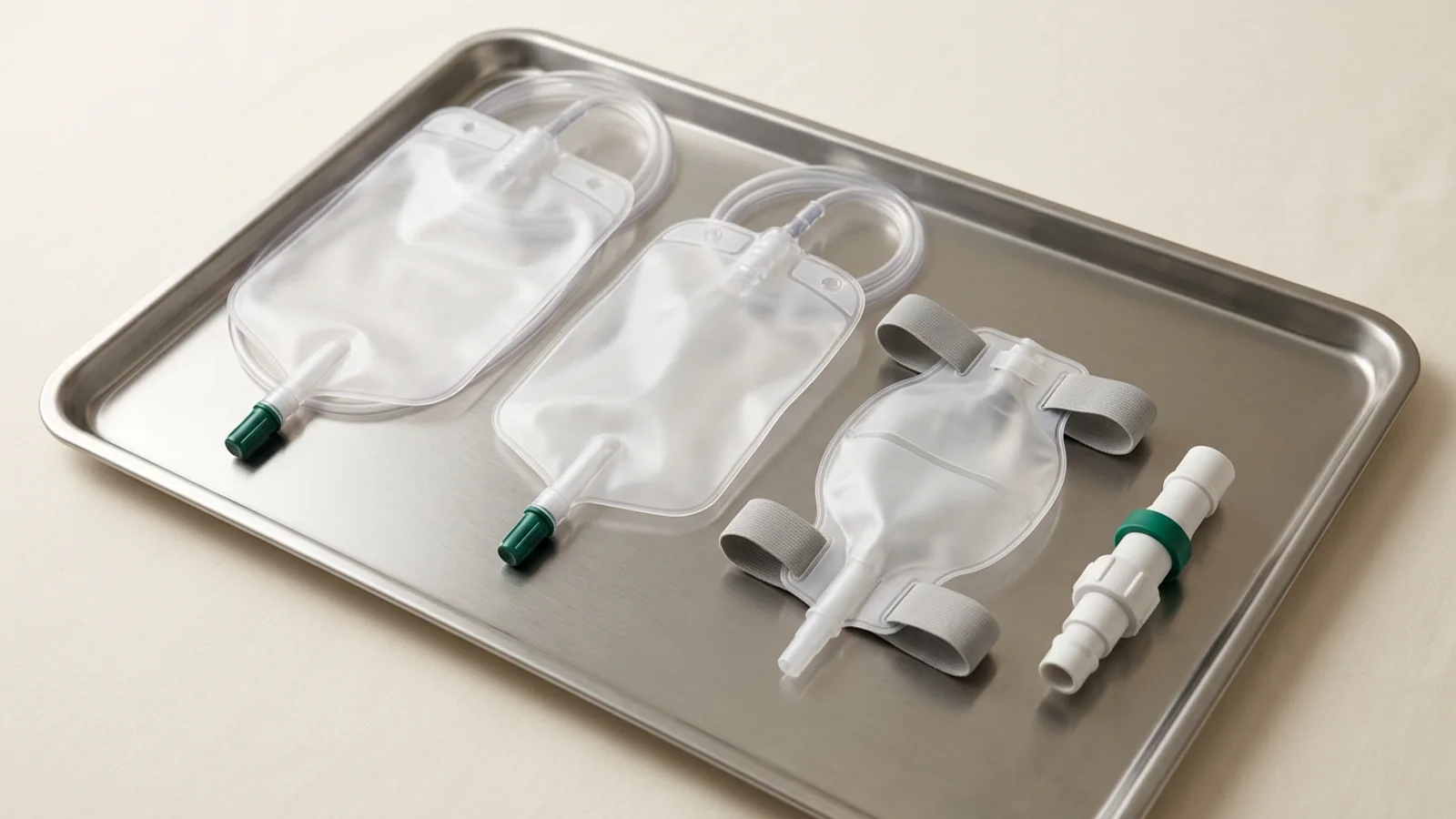 Unlabeled urine collection bags and stepped catheter connector arranged on a stainless steel tray for specification comparison