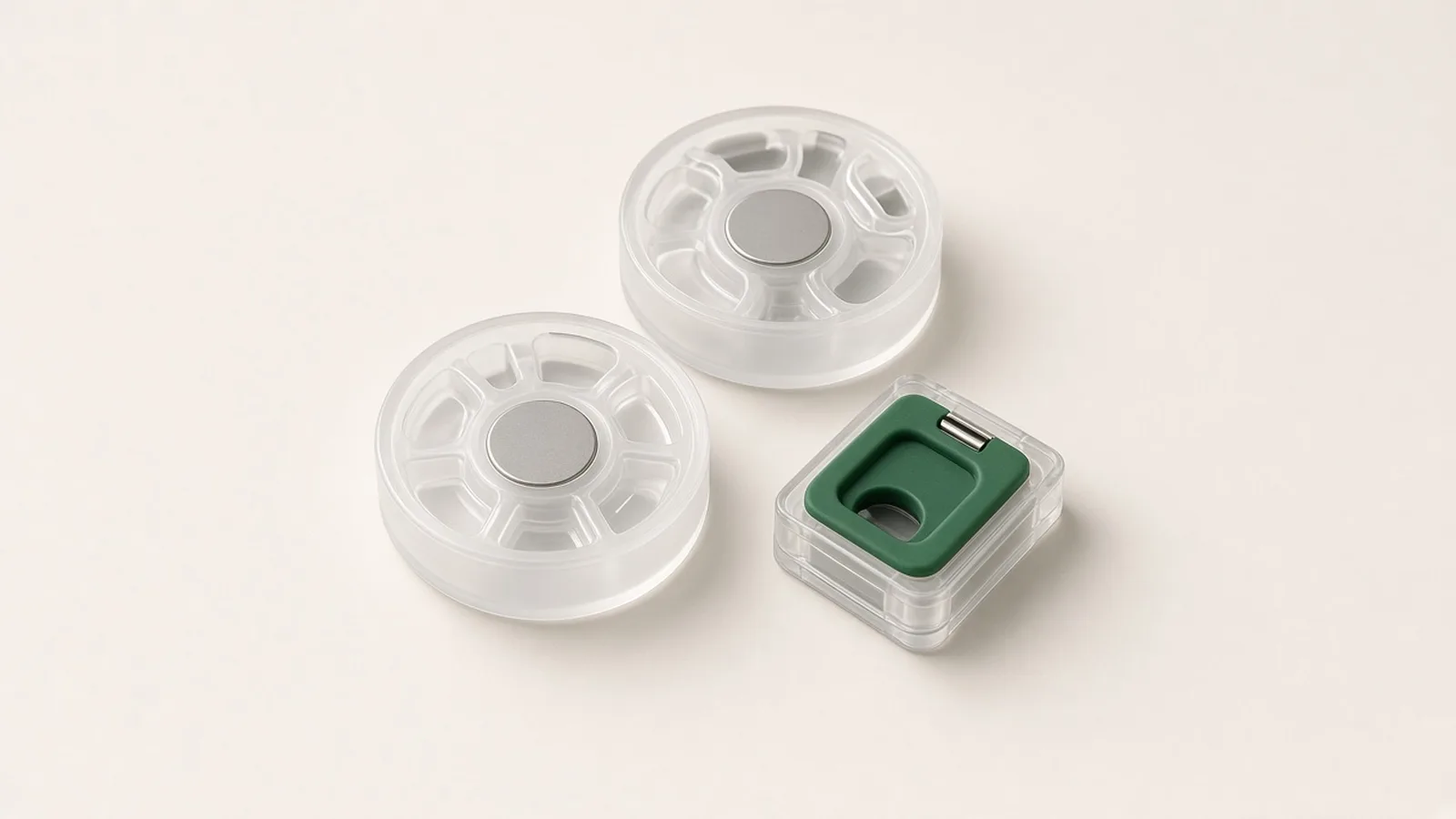 Unbranded reagent rotors of two chamber geometries and a forest-green test cartridge on warm off-white