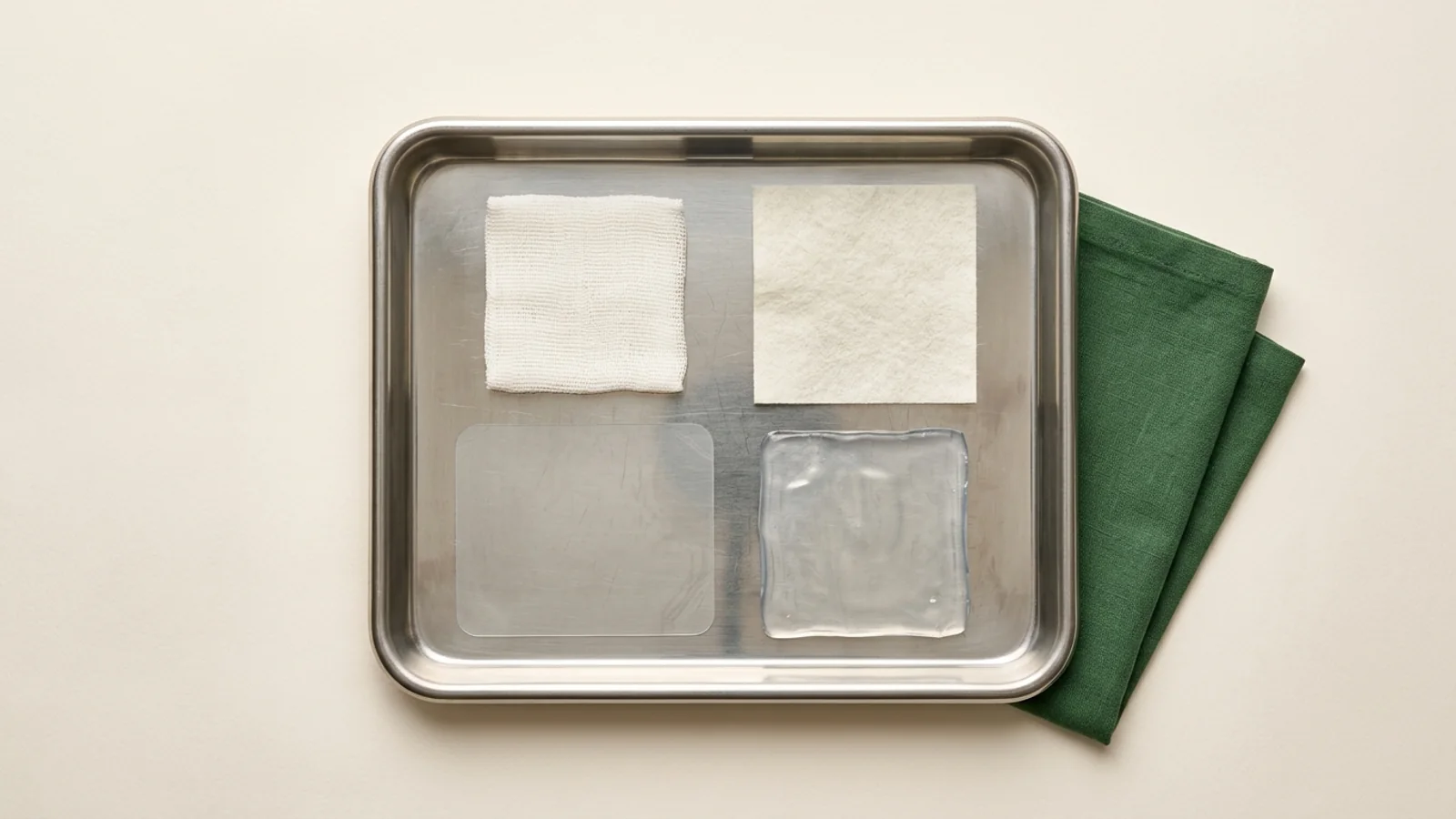 Four unlabeled wound dressing physical formats arranged on a stainless steel tray: woven gauze, fibrous hydrophilic sheet, translucent occlusive film, and clear hydrogel sheet